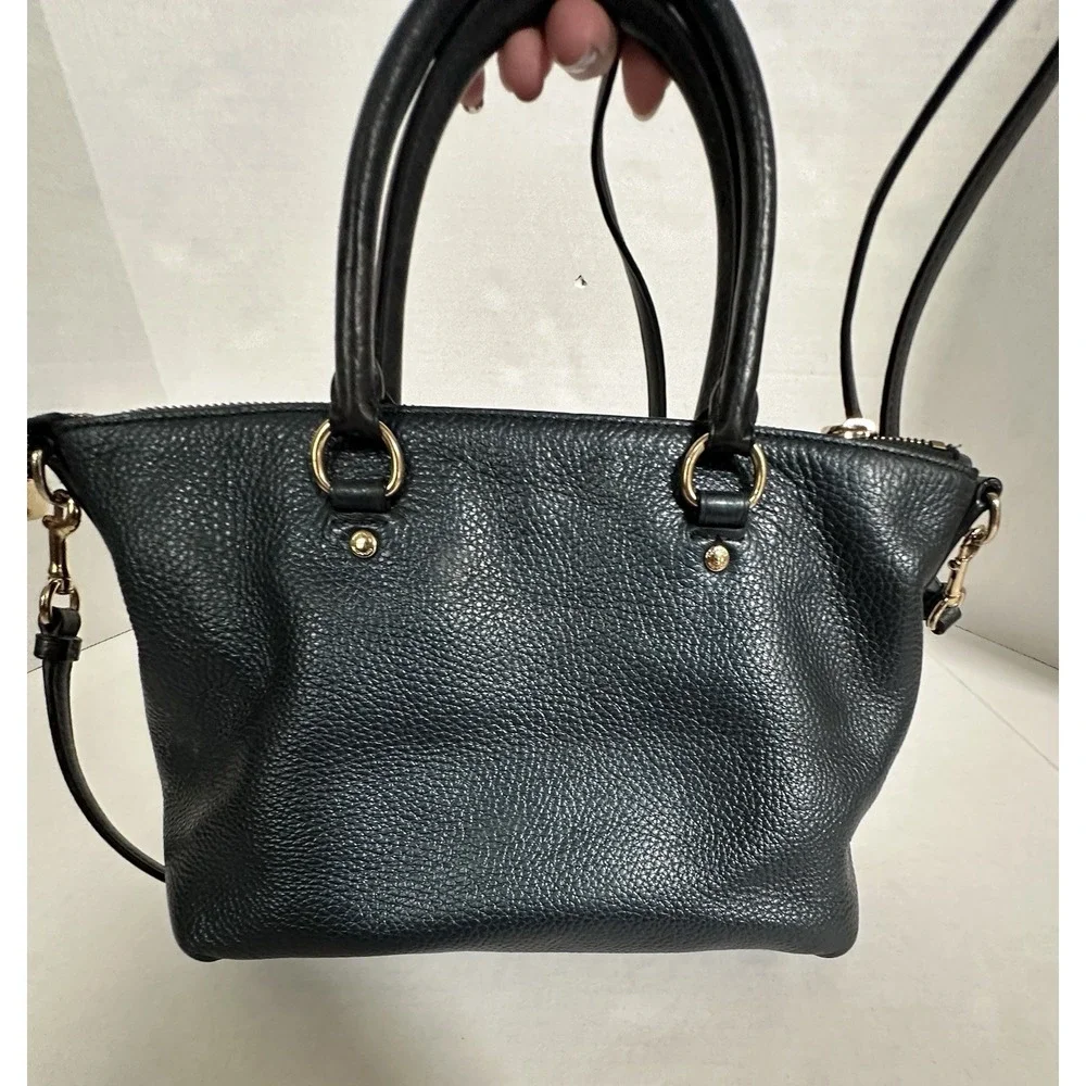 Coach Emma Satchel Pebbled Leather Gold Accents Navy Metallic